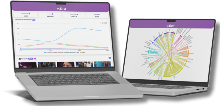 Dois notebooks exibindo dashboards interativos de busca expressa da plataforma v-tracker.