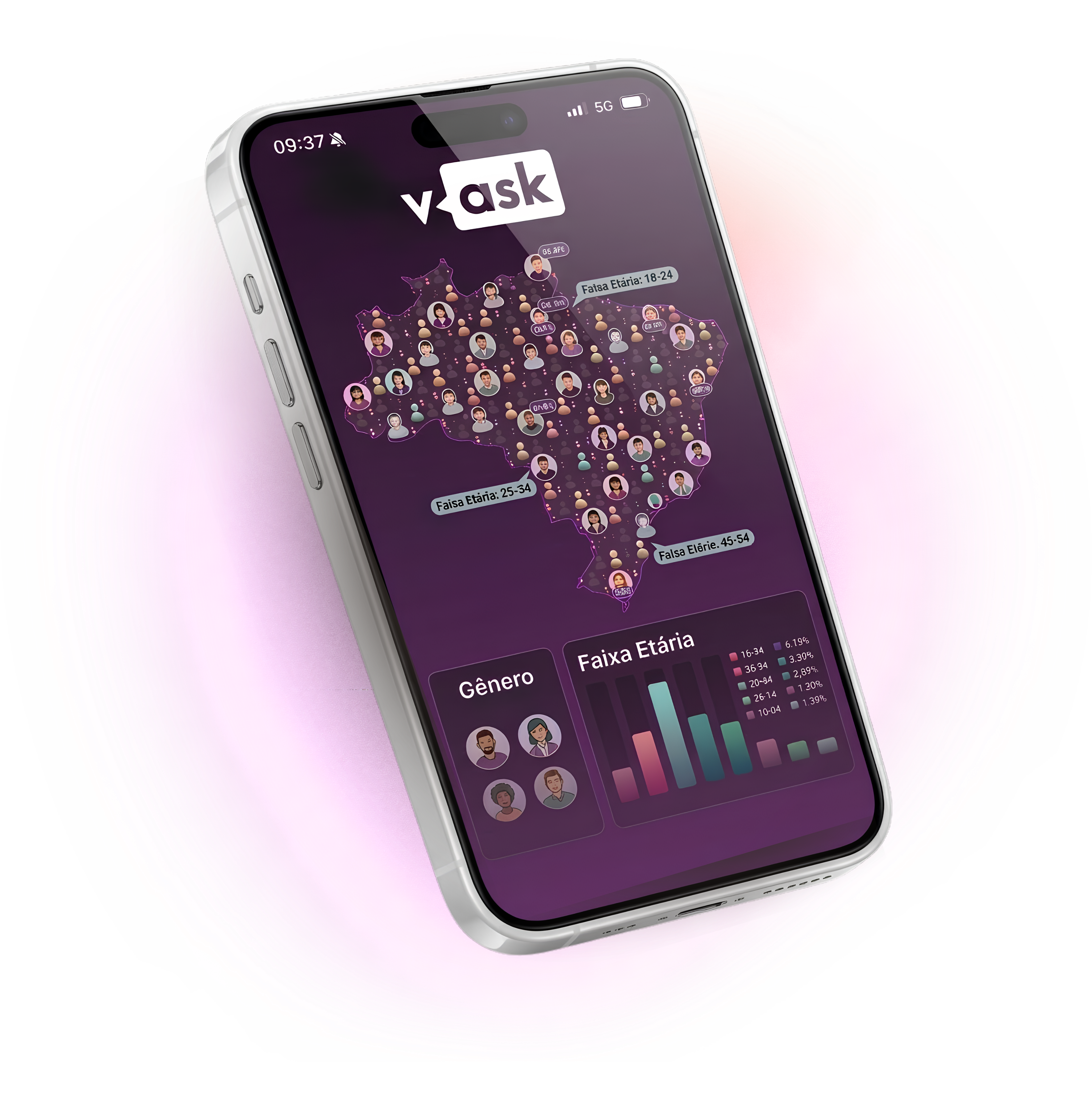 Tela de celular exibindo dados demográficos e segmentação de público no aplicativo v-ask para pesquisa de mercado online.